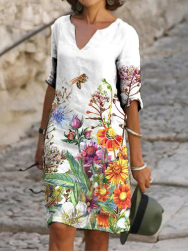 Flower Leaves Printing Rendering V-neck Dress 007f1a65 4f13 47ae b9c4 4163a7090a11
