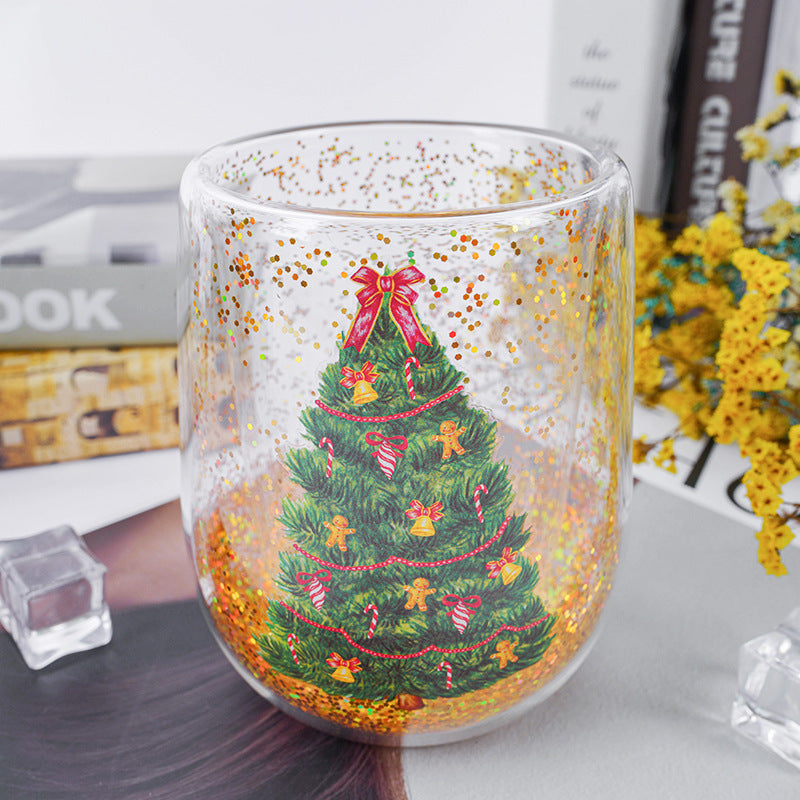 Christmas Tree Cups Heat Resistant Double Layer Flowing Sequins Christmas Cup Household Handwork Cartoon Christmas Trees Tumb