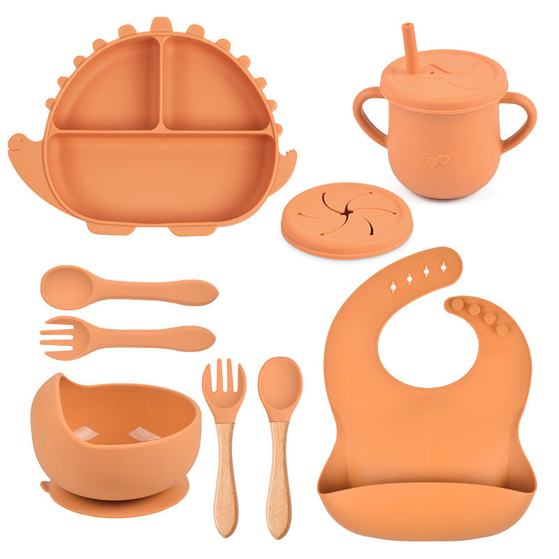 8-piece Children's Silicone Tableware Set Dinosaur Silicone Plate Bib Spoon Fork Cup Baby Silicone Plate - HD Wireless Product #15