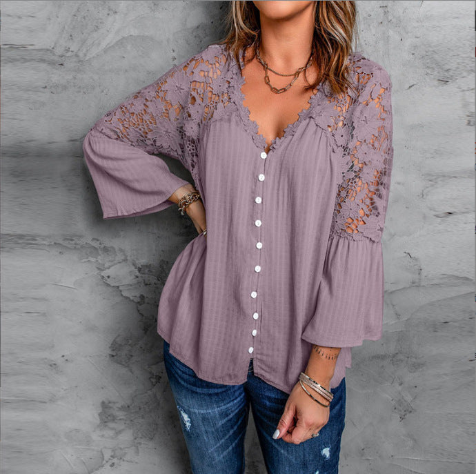 Womens Solid Color V Stitching Breasted Flared Sleeve Top 06d9f53c 4484 484a 9f04 3c0b87974665