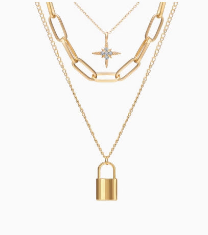 Cross-Border Jewelry New Alloy Clavicle Chain Personality Multi-Layer Eight-Pointed Star Lock Pendant Multi-Layer Necklace Wo