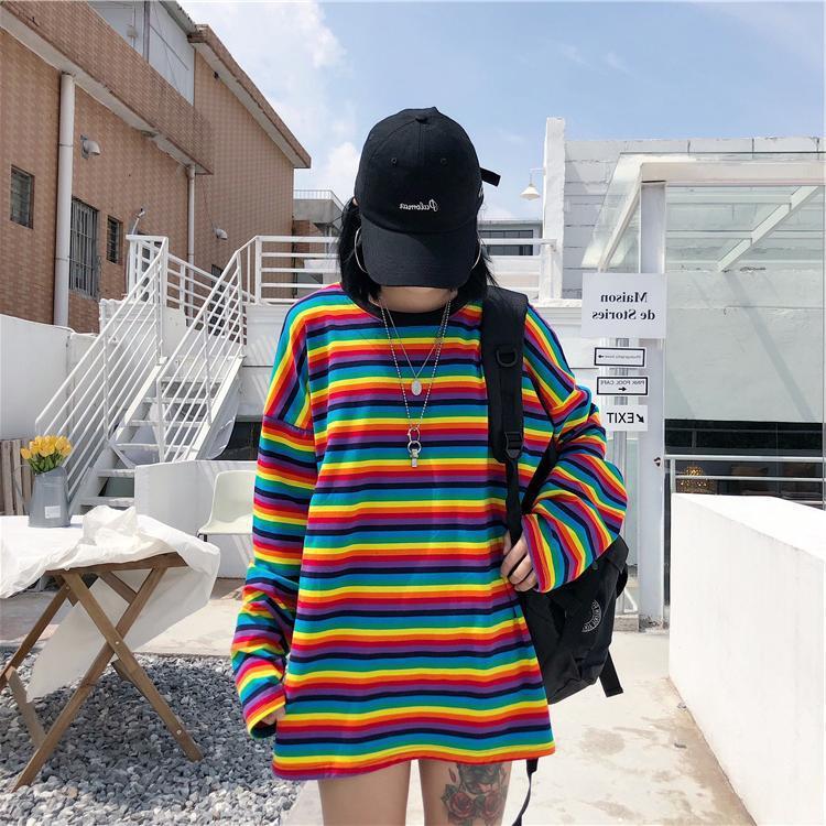 Cute girl rainbow stripes loose wild long-sleeved T-shirt 1102184007344