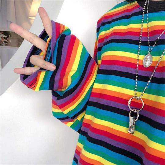 Cute girl rainbow stripes loose wild long-sleeved T-shirt 1341015445417
