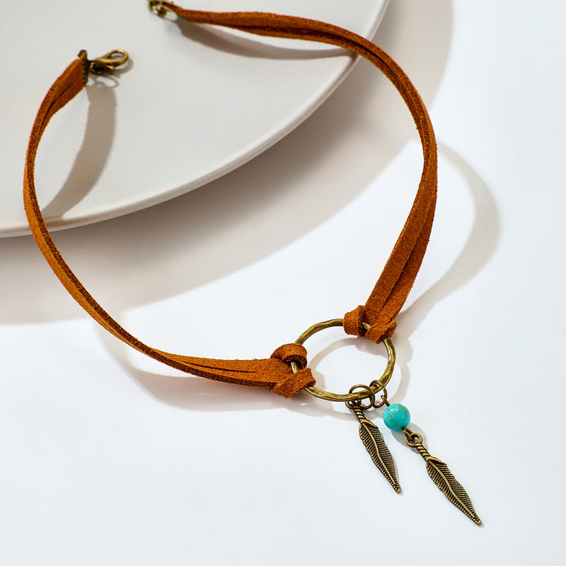 Vintage Alloy Feather Leather Choker Necklace 1424860211092