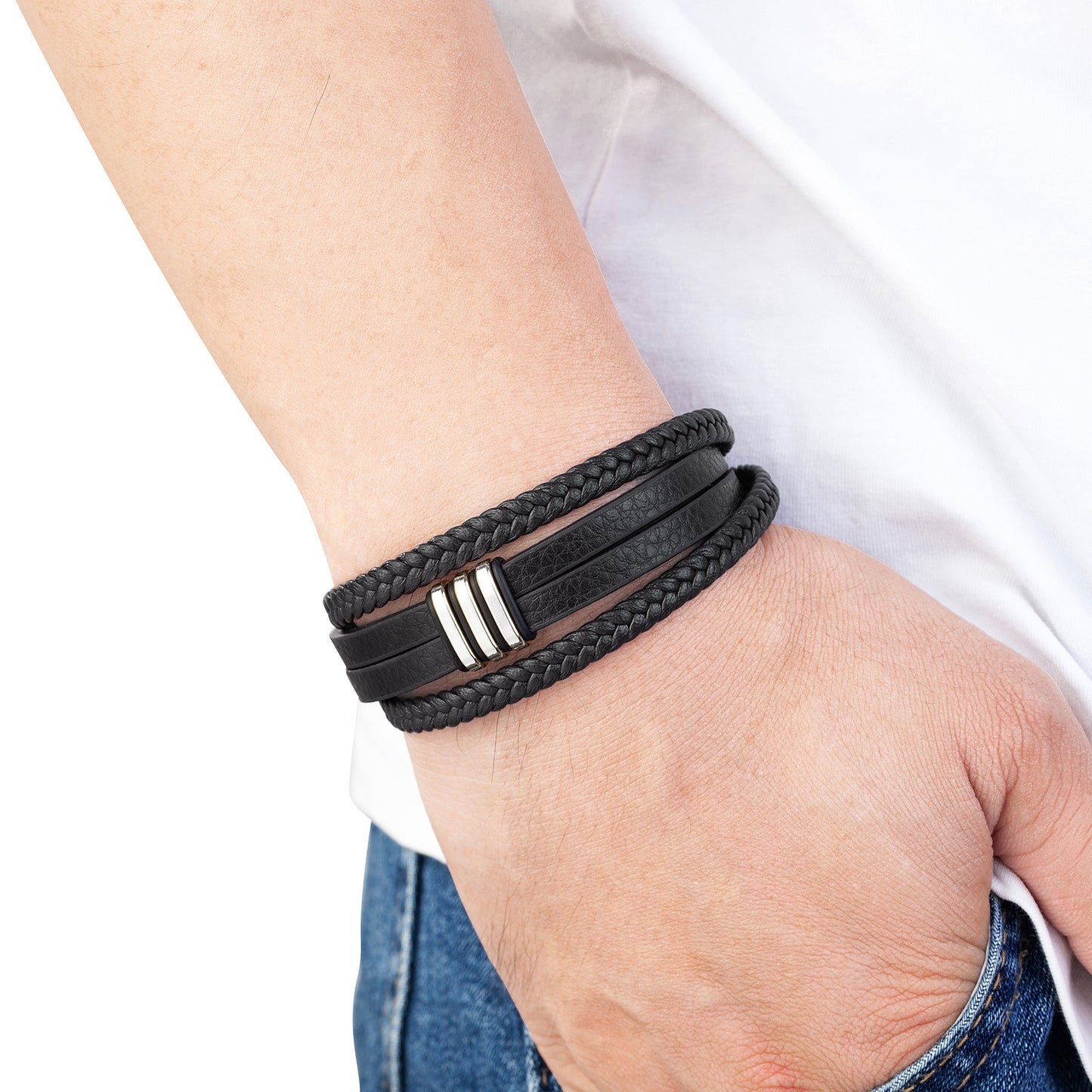 Casual Leather Stainless Steel Magnet Buckle Braided Bracelet 15a21769 4fb8 48fe 977f e3506fc56380
