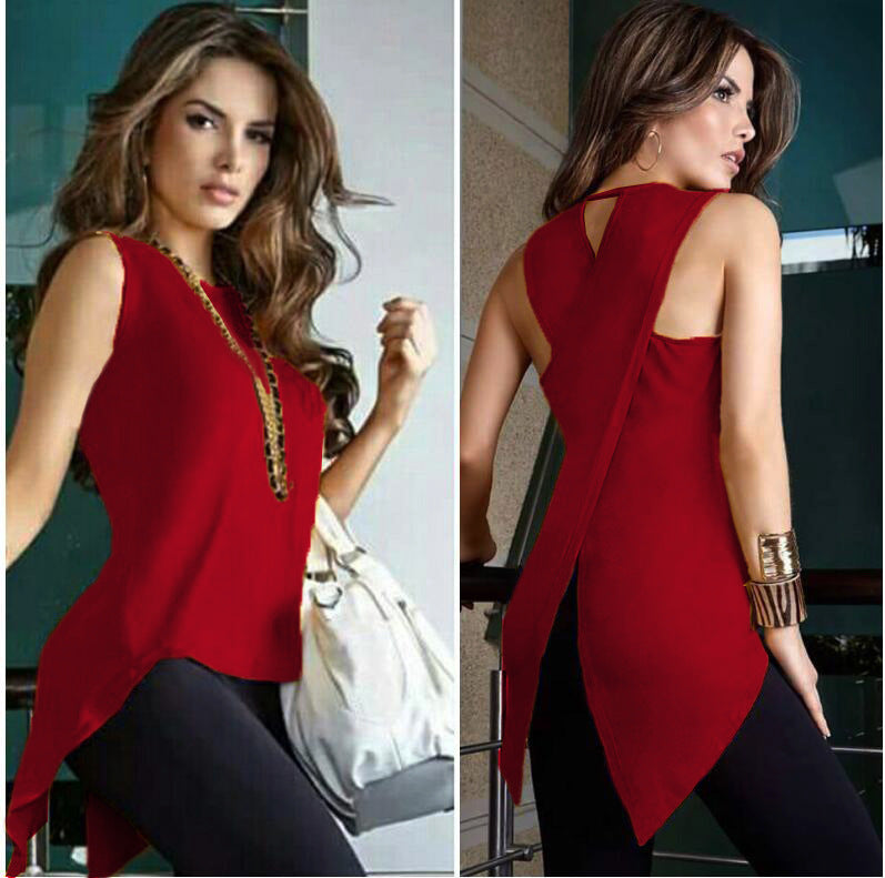Europe and the United States spring and summer irregular fashion sleeveless back crossover shirt T-shirt 1612945906604