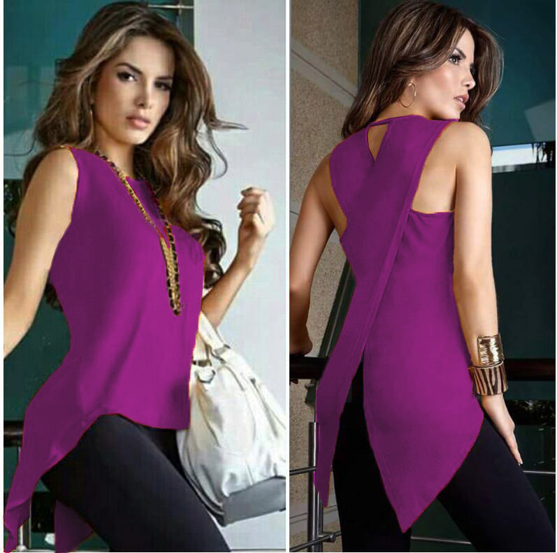Europe and the United States spring and summer irregular fashion sleeveless back crossover shirt T-shirt 1612945906618