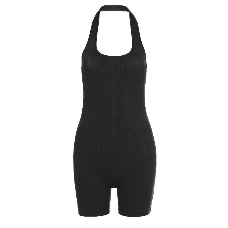 Pure Color Sexy Halter Short Sports Jumpsuit 1613798219146
