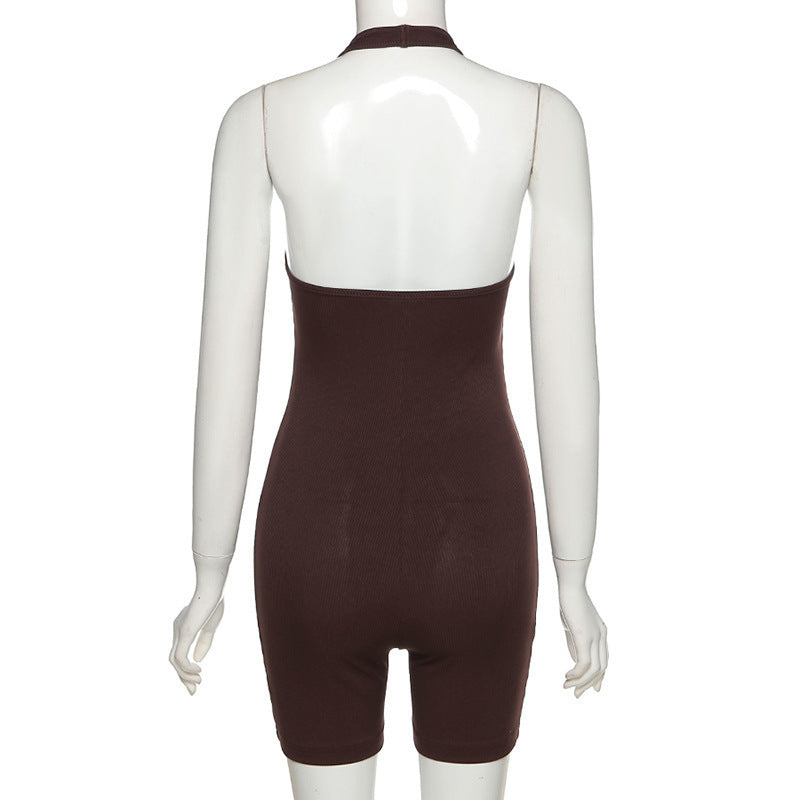 Pure Color Sexy Halter Short Sports Jumpsuit 1613798219152