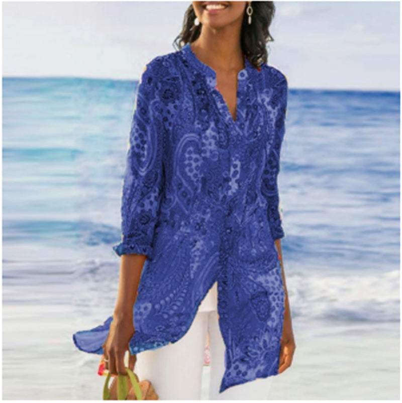 Women's Digital Print Lapel Long Sleeve Shirt 1614947767038