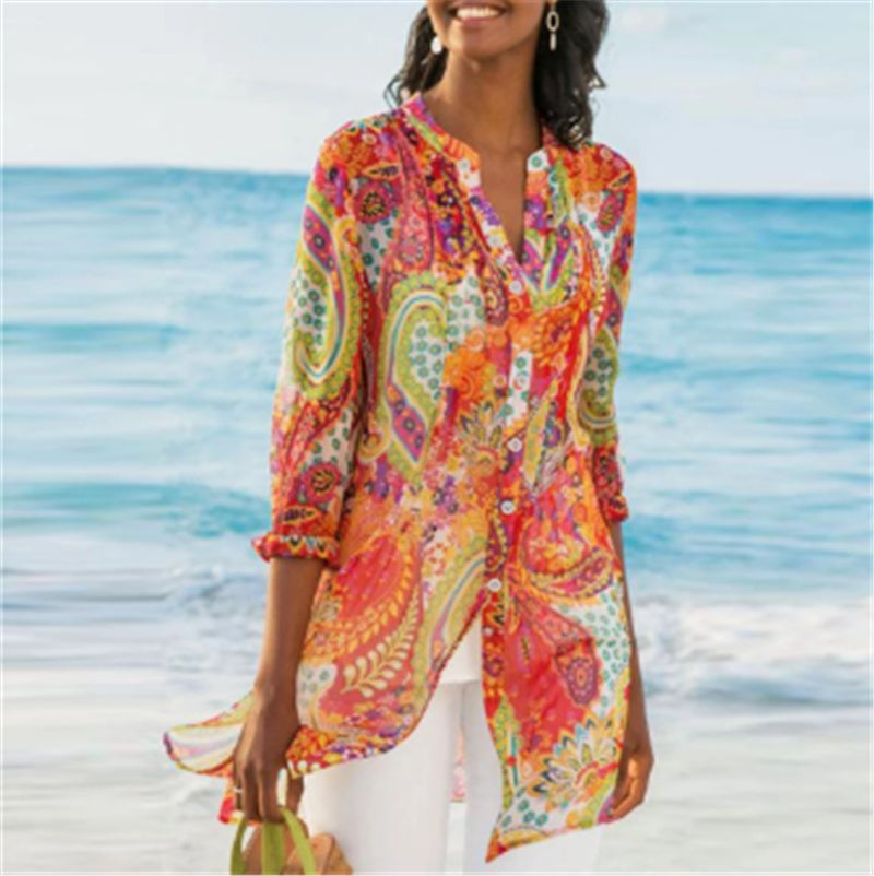 Women's Digital Print Lapel Long Sleeve Shirt 1614947767043