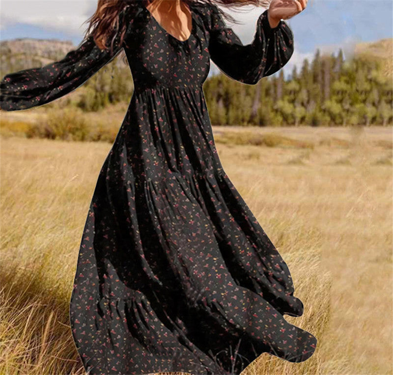 Long Sleeved Printed Dress Female V Neck Lantern Sleeve Stitching Large Swing Dress 1615788186487