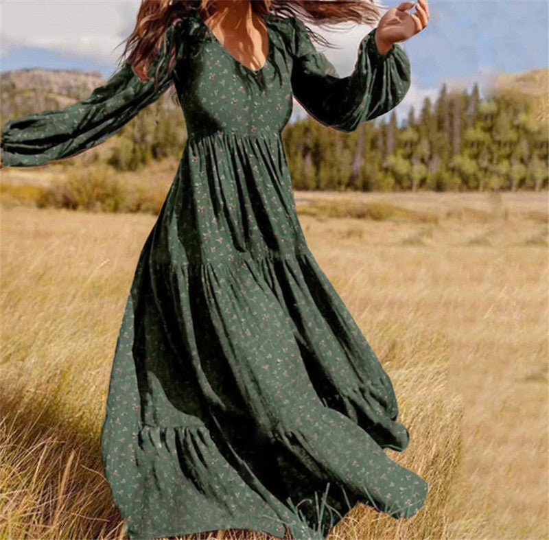 Long Sleeved Printed Dress Female V Neck Lantern Sleeve Stitching Large Swing Dress 1615788186488