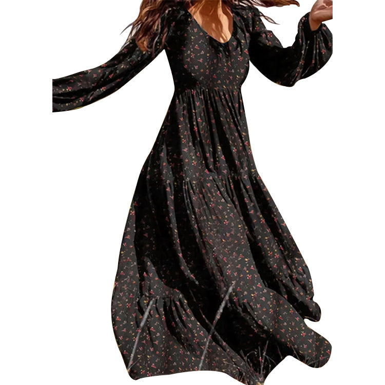 Long Sleeved Printed Dress Female V Neck Lantern Sleeve Stitching Large Swing Dress 1615788186489