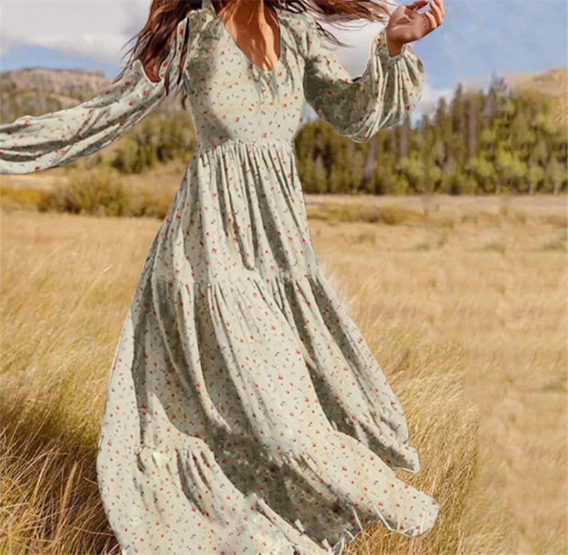 Long Sleeved Printed Dress Female V Neck Lantern Sleeve Stitching Large Swing Dress 1615788186493