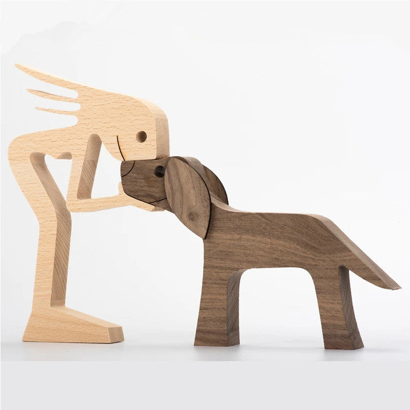 DIY Figurine Wood Dog Ornament Sculpture Home Decoration A Man A Dog Wood Sculpture Christmas Gifts Model Decor 1616049971336