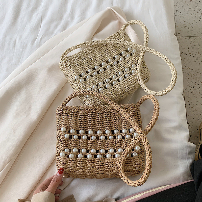 Fashion Messenger Bag Women Casual Western Style One-shoulder Pearl Straw Woven Bag 1618120067738