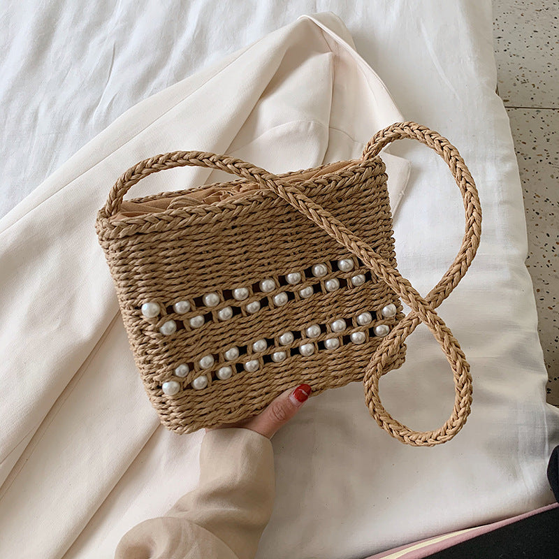 Fashion Messenger Bag Women Casual Western Style One-shoulder Pearl Straw Woven Bag 1618120067739