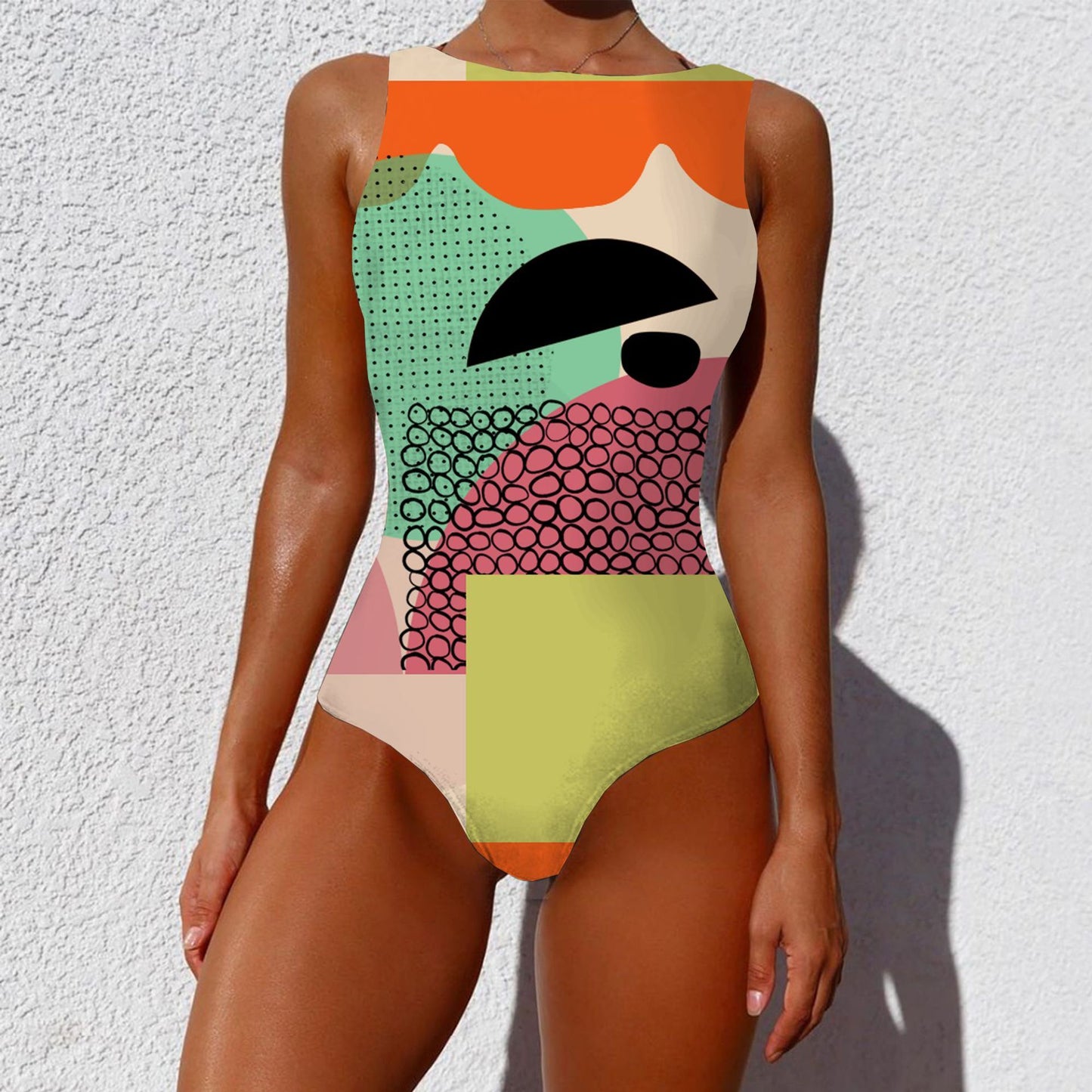 One-piece Fashion Vintage Abstract Print Lady Swimsuit Women Sleeveless Round Neck Bikini Swimwear Summer Push Up Swimsuit 16