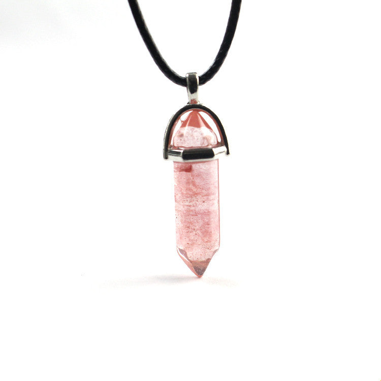 European And American Fashion Natural Crystal Hexagonal Column Pendant Necklace, Crystal Stone Faceted Diamond Pendant 161942
