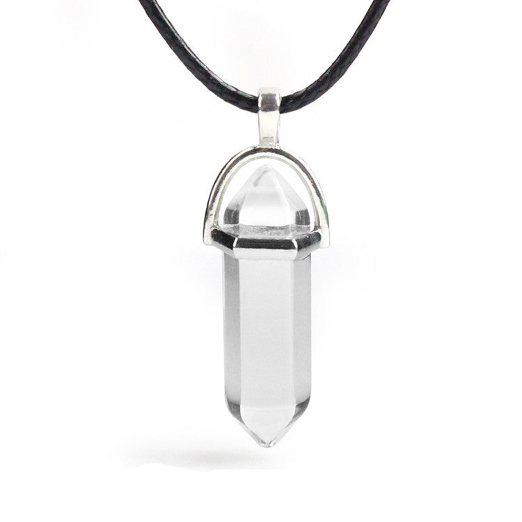 European And American Fashion Natural Crystal Hexagonal Column Pendant Necklace, Crystal Stone Faceted Diamond Pendant 161942