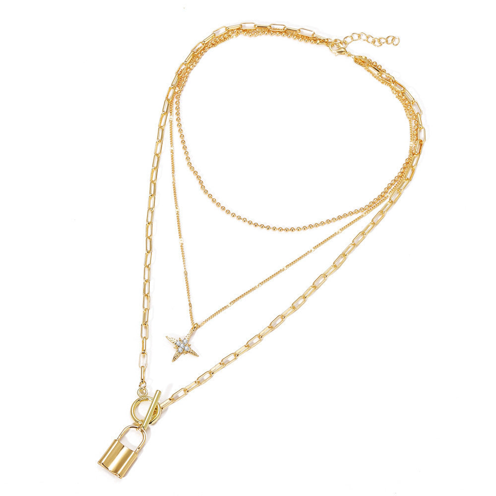 Cross-Border Jewelry New Alloy Clavicle Chain Personality Multi-Layer Eight-Pointed Star Lock Pendant Multi-Layer Necklace Wo