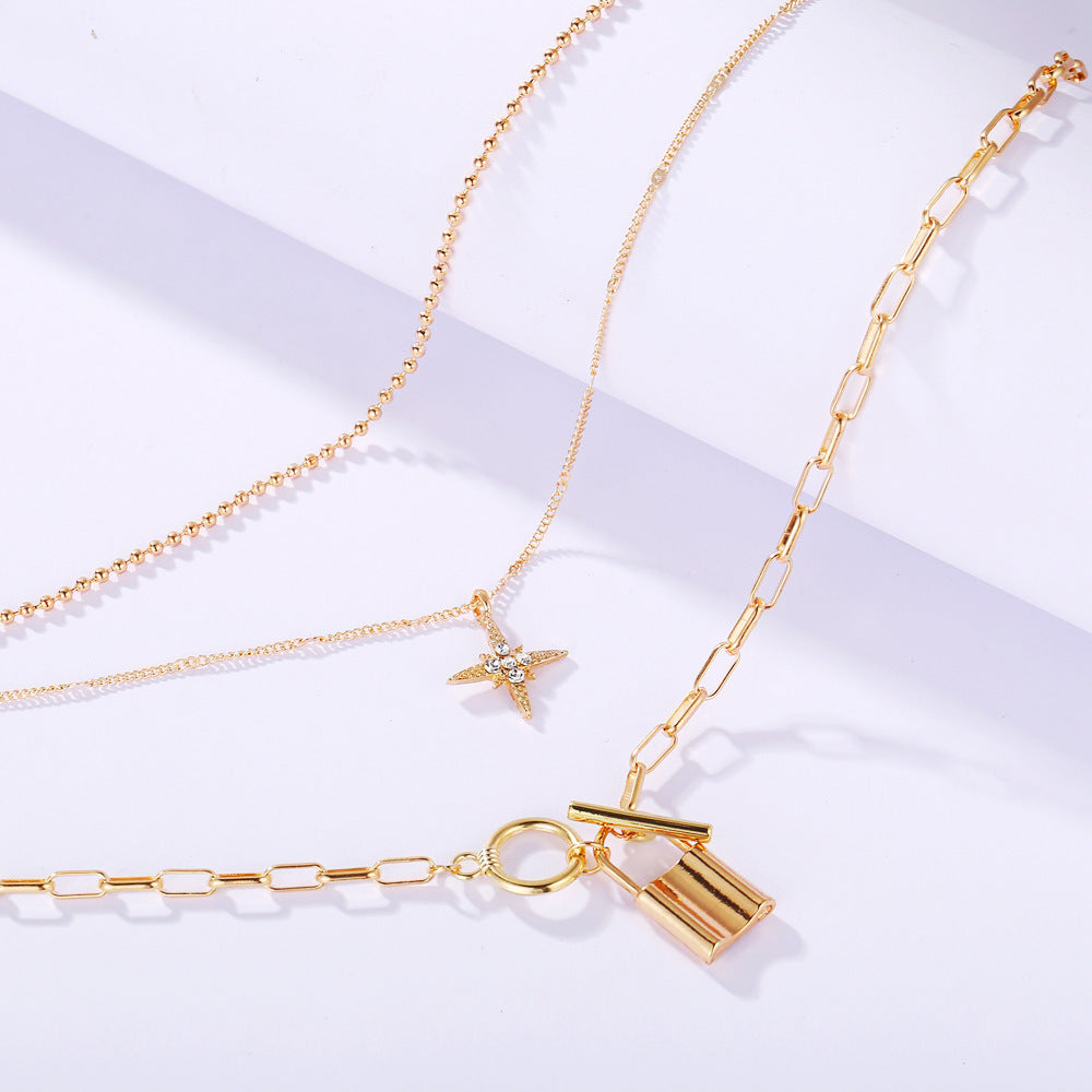 Cross-Border Jewelry New Alloy Clavicle Chain Personality Multi-Layer Eight-Pointed Star Lock Pendant Multi-Layer Necklace Wo