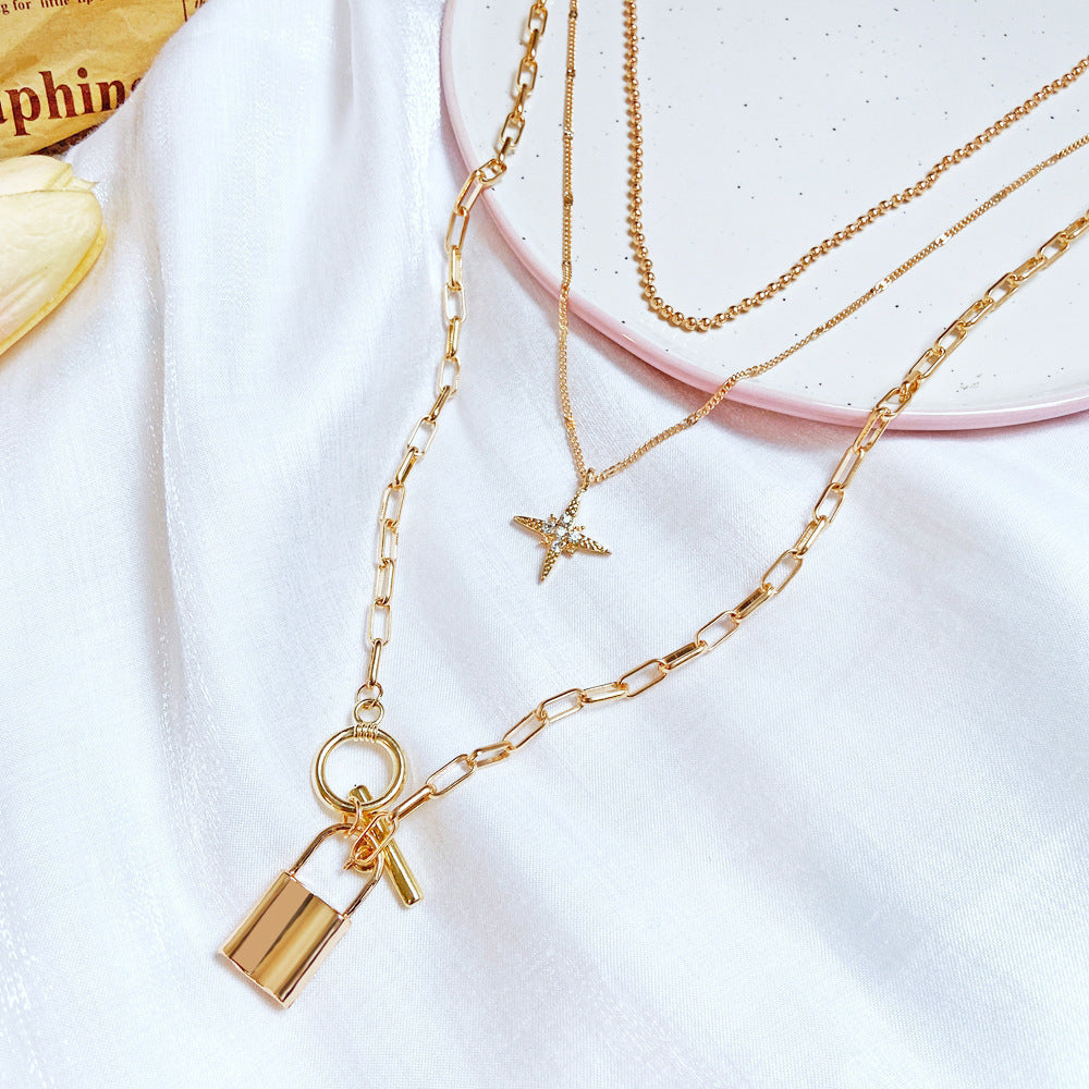 Cross-Border Jewelry New Alloy Clavicle Chain Personality Multi-Layer Eight-Pointed Star Lock Pendant Multi-Layer Necklace Wo