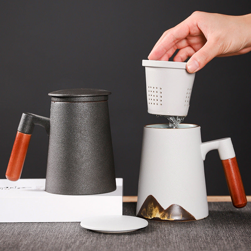 Factory Creative Yuanshan Hand-painted Mug Wooden Handle Ceramic Tea Cup With Lid Filter Three-piece Office Home 162304619539