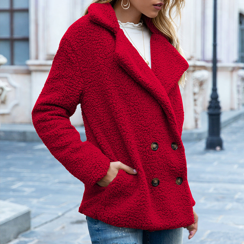 Autumn and Winter Women's Plush Button Lapels Pocket Coat Shirt 179540558856