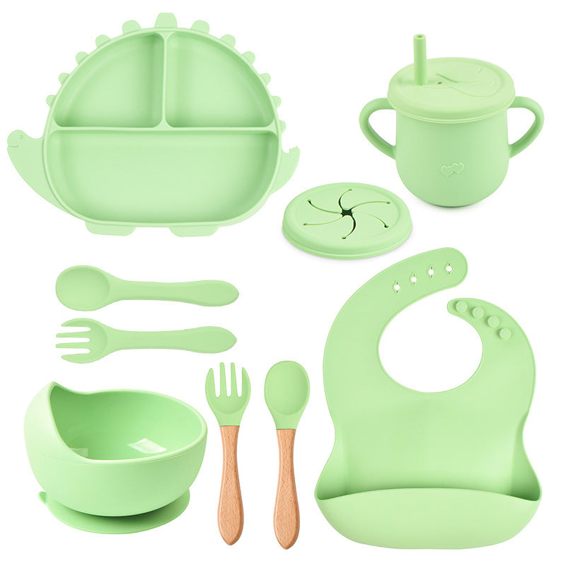 8-piece Children's Silicone Tableware Set Dinosaur Silicone Plate Bib Spoon Fork Cup Baby Silicone Plate - HD Wireless Product #3