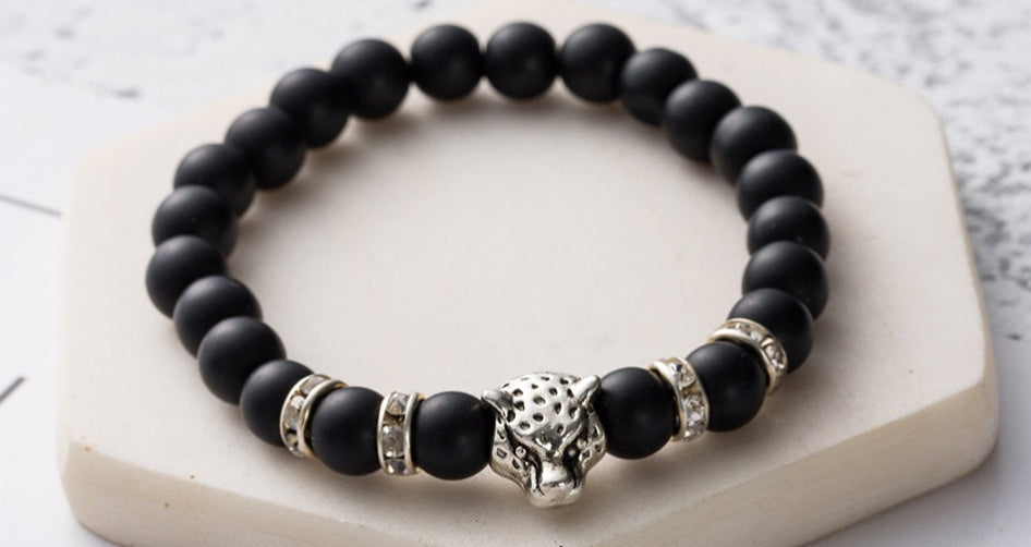 8mm Natural Stone Lava Stone Bead Bracelet For Men Leopard Head Leopard Pendant Charm Bracelet Handmade Jewelry - HD Wireless Product #9