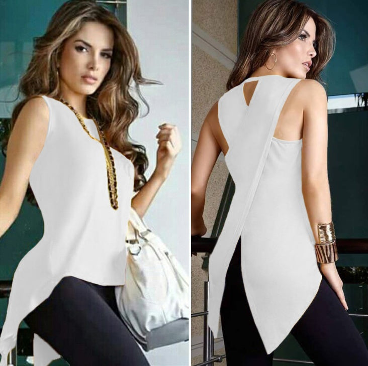 Europe and the United States spring and summer irregular fashion sleeveless back crossover shirt T-shirt 1878285312496