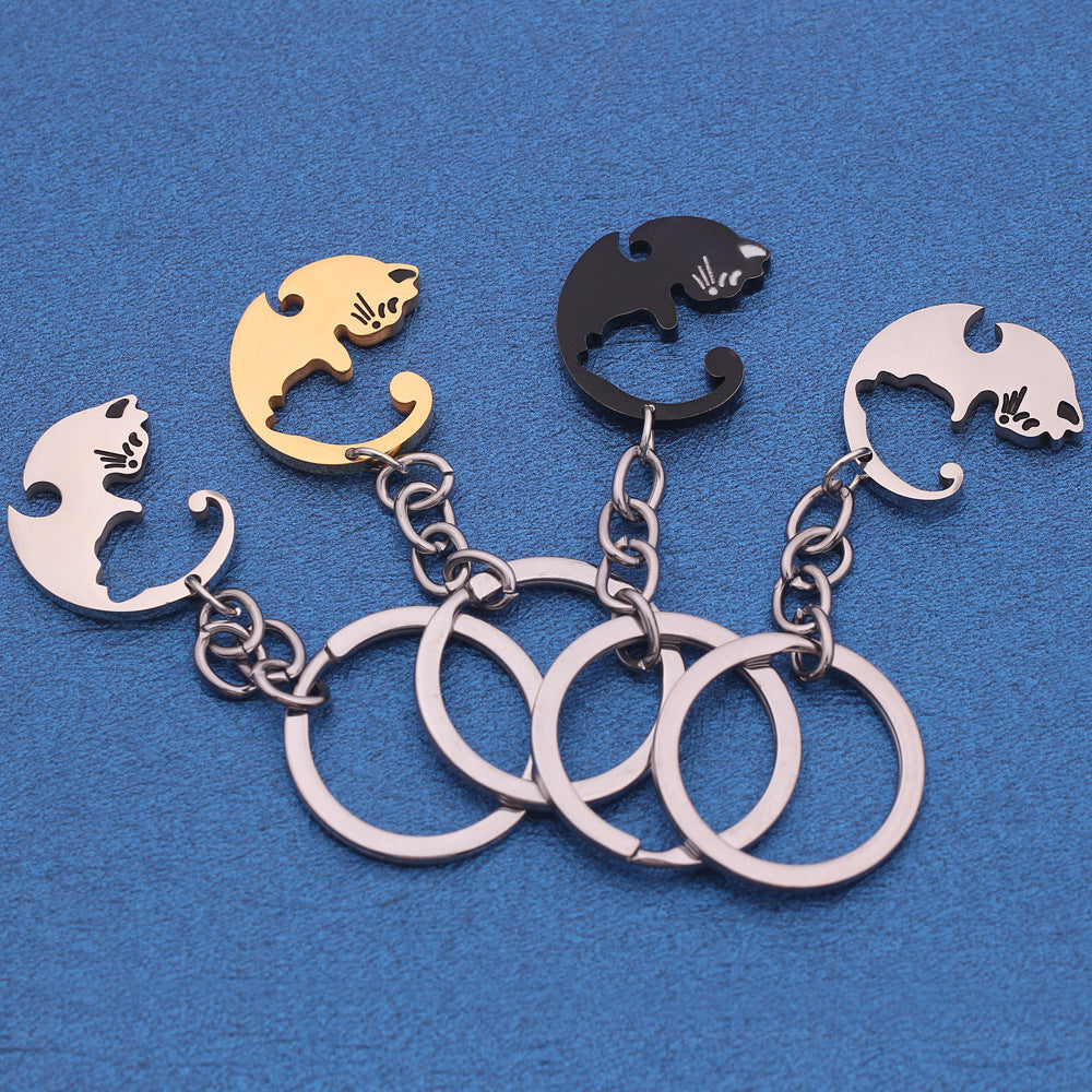Jovivi 2pcs Yin Yang Cat Key Ring Matching Cute Cat Jigsaw Puzzle Key Chain Stainless Steel Pet Keychain for Couples Lover Gift - 图片 2