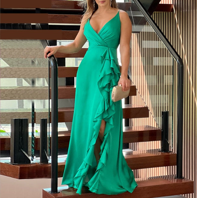 European And American Women's Clothing Summer New V-neck Brace High Waist Ruffles Irregular Slit Dress 19dbb9d2 073a 4252 b6a