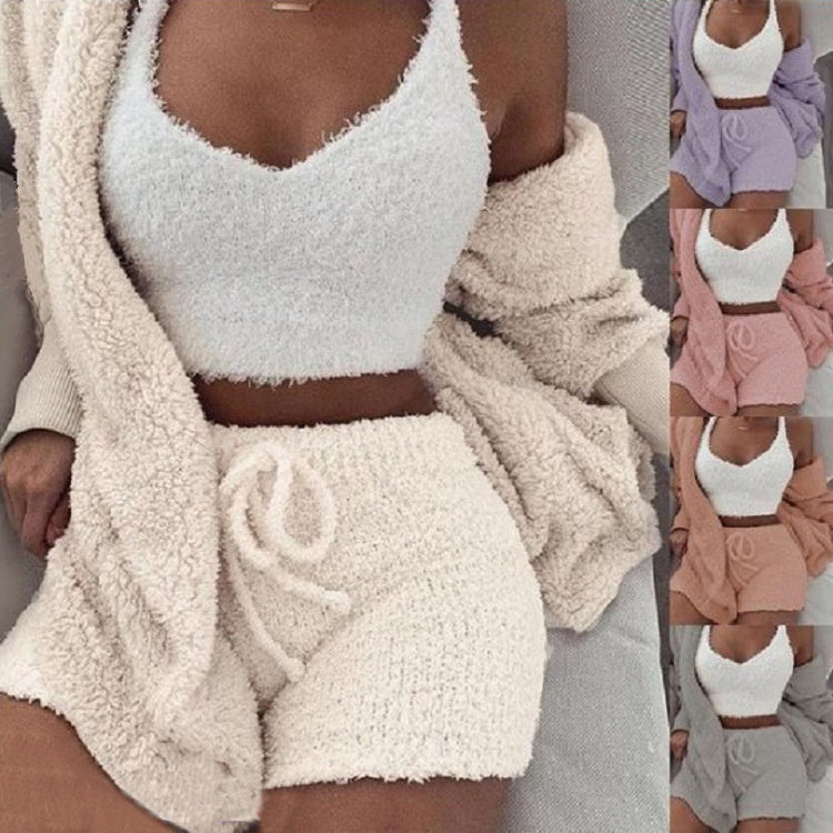 3pcs Womens Clothing Long Sleeve Crop Tank Top And Drawstring Shorts Pajama Set - HD Wireless Product #6