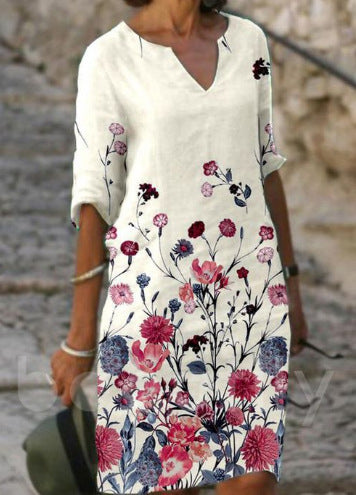 Flower Leaves Printing Rendering V-neck Dress 1f5b2c89 ac95 4df6 a6f7 d35c347b5fef