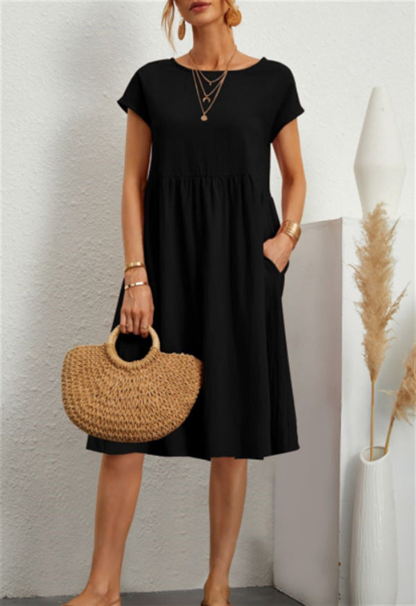 OL Temperament Women's Cotton Round Neck A-line Skirt Dress 221d319b 999e 4d57 a7db c64f692b224d