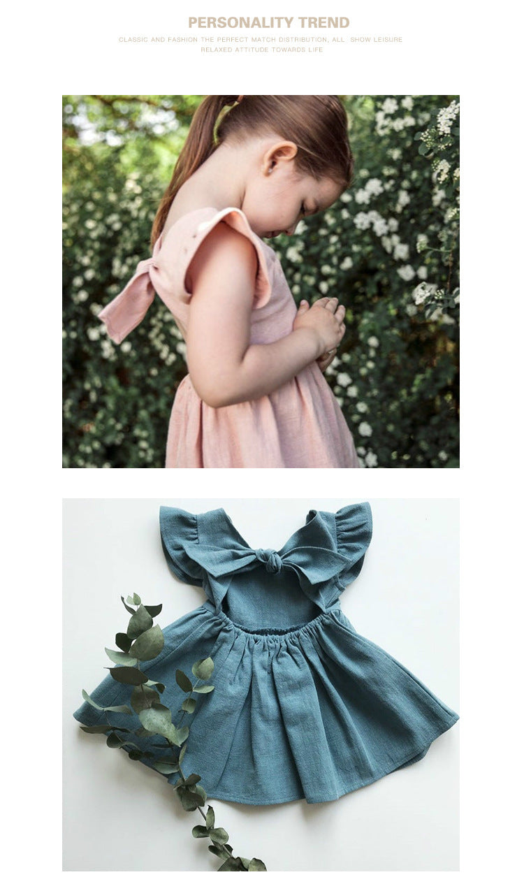 New Girls' Dress Baby Cotton And Linen Solid Color Children Shirt Bow Princess Dress Pettiskirt European And American Style C