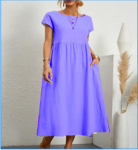 OL Temperament Women's Cotton Round Neck A-line Skirt Dress 2272b463 8fd2 4354 a054 ccbaec969747