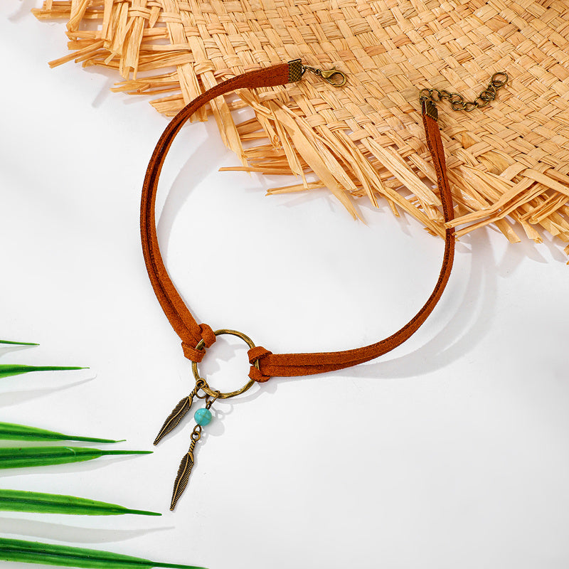 Vintage Alloy Feather Leather Choker Necklace 2369049270079