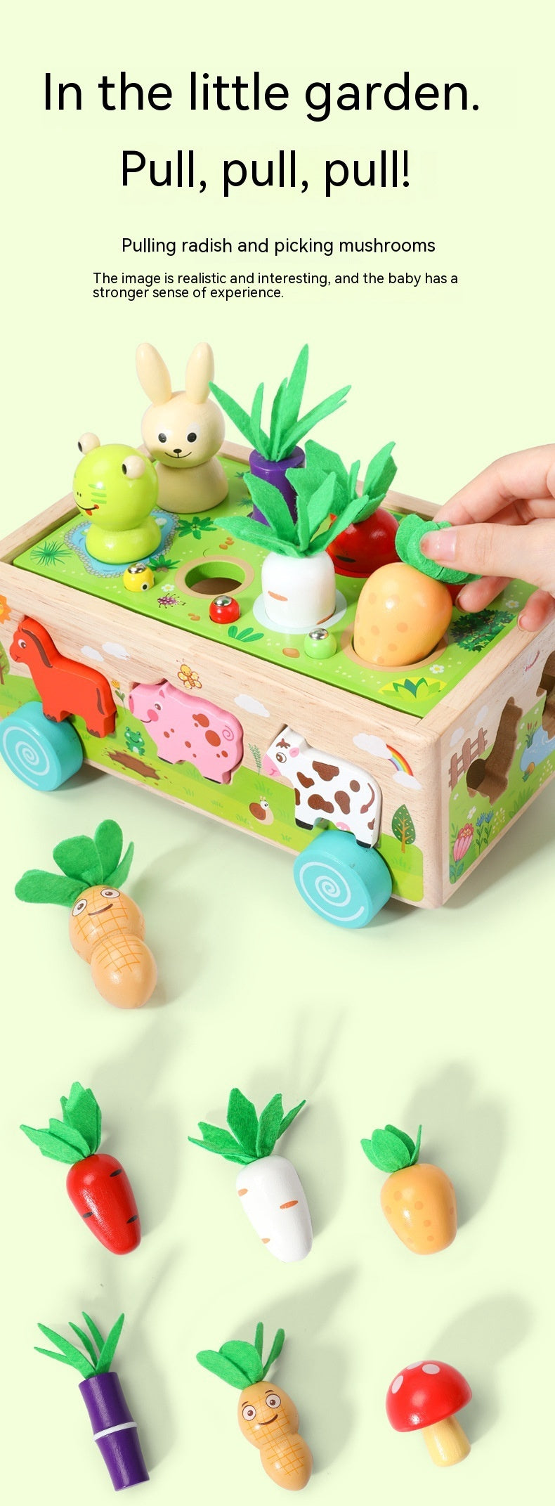 Wooden Farm Animal Car Pulling Radishes Bug Catching Educational Toy 2403050911130327700