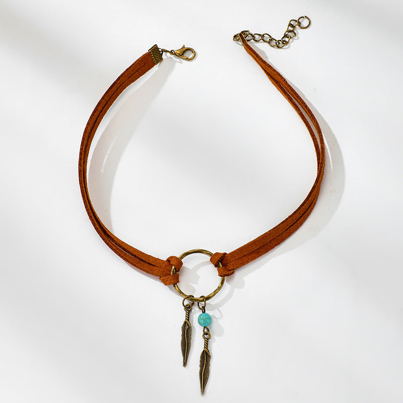 Vintage Alloy Feather Leather Choker Necklace 2418155079357