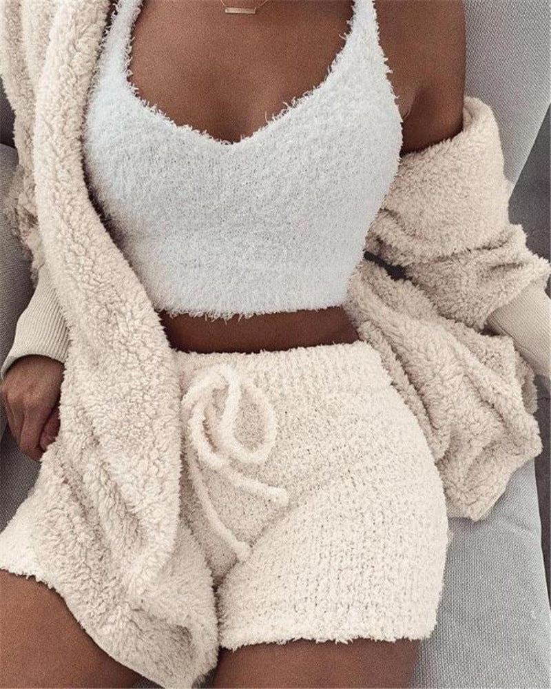 3pcs Womens Clothing Long Sleeve Crop Tank Top And Drawstring Shorts Pajama Set - HD Wireless Product #10