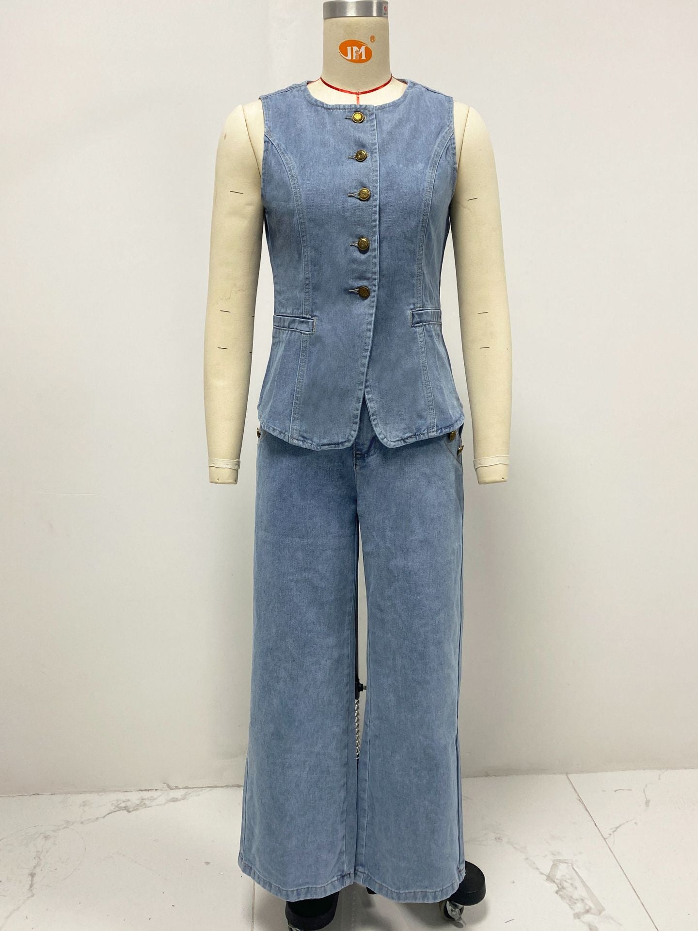Fashion Sleeveless Denim Suit Wide Leg Pants