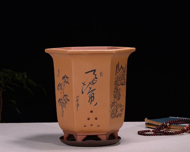 Fine Zisha Flowerpot Hand-carved Hexagonal