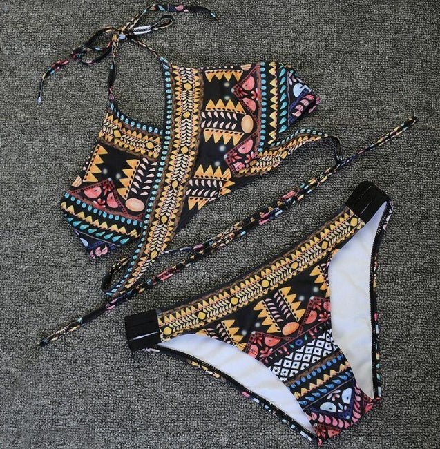Chest cross straps ethnic style print sexy bikini bikini swimsuit 26009069865