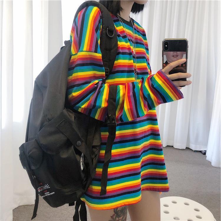 Cute girl rainbow stripes loose wild long-sleeved T-shirt 2831522214275