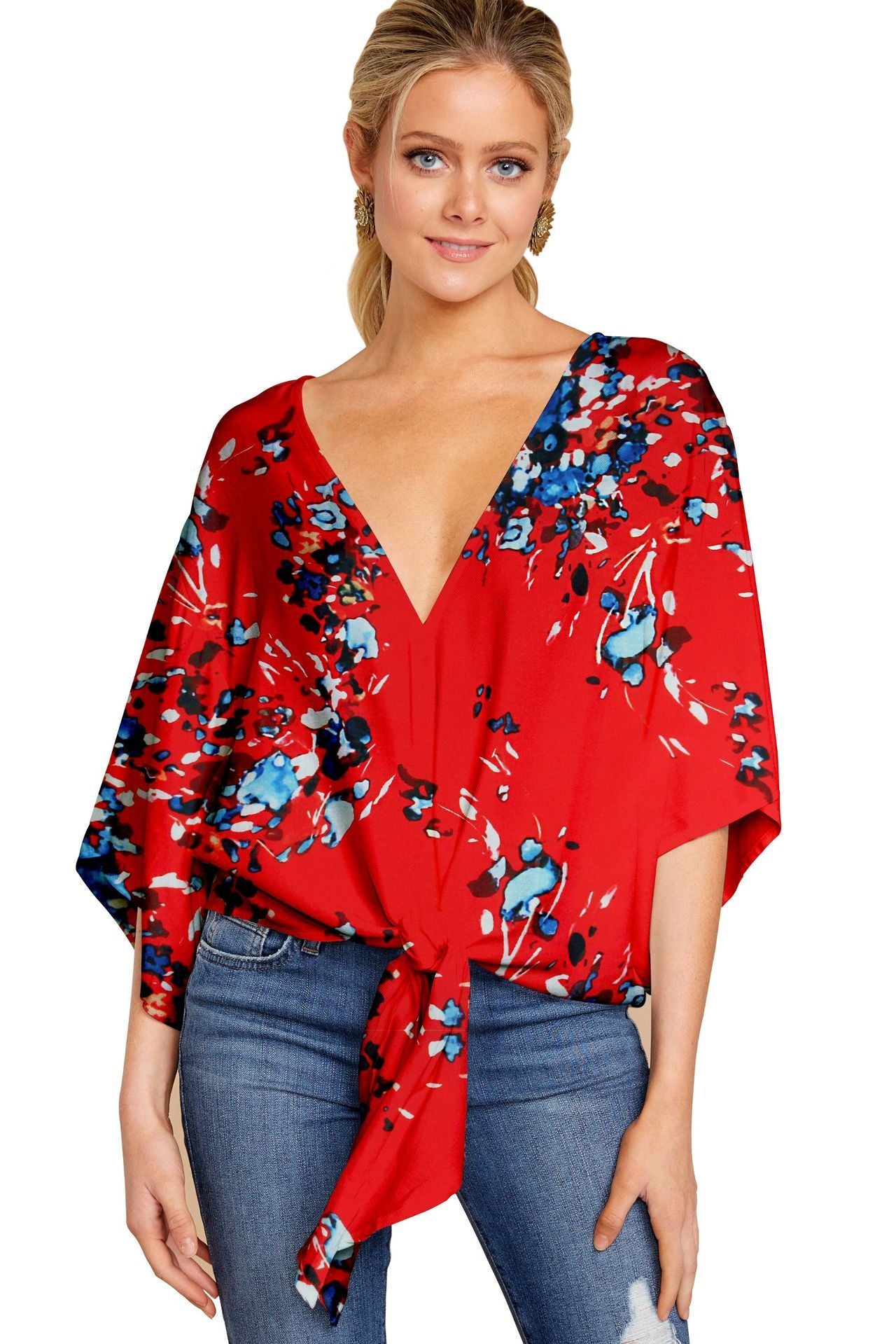 New V Neck Blouse Women Leopard Print Shirts Floral Tie Front Blouses Batwing Summer Oversize Ladies Tops 28b5f31d 2497 42c4