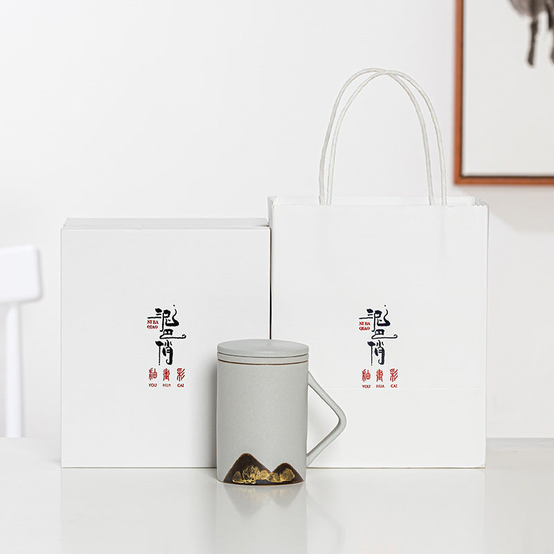 Factory Creative Yuanshan Hand-painted Mug Wooden Handle Ceramic Tea Cup With Lid Filter Three-piece Office Home 317f3554 e86